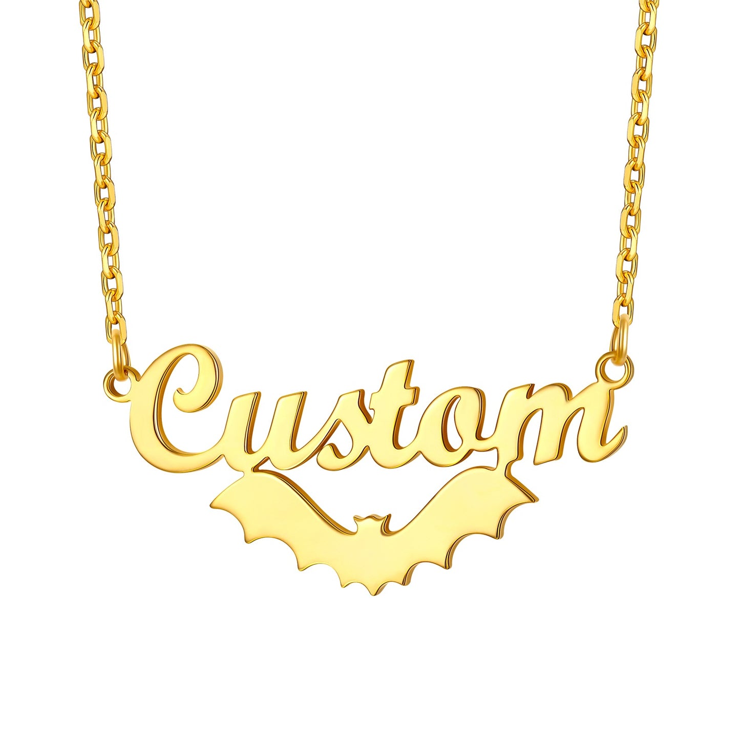 Gold 'Custom' name necklace on a white background