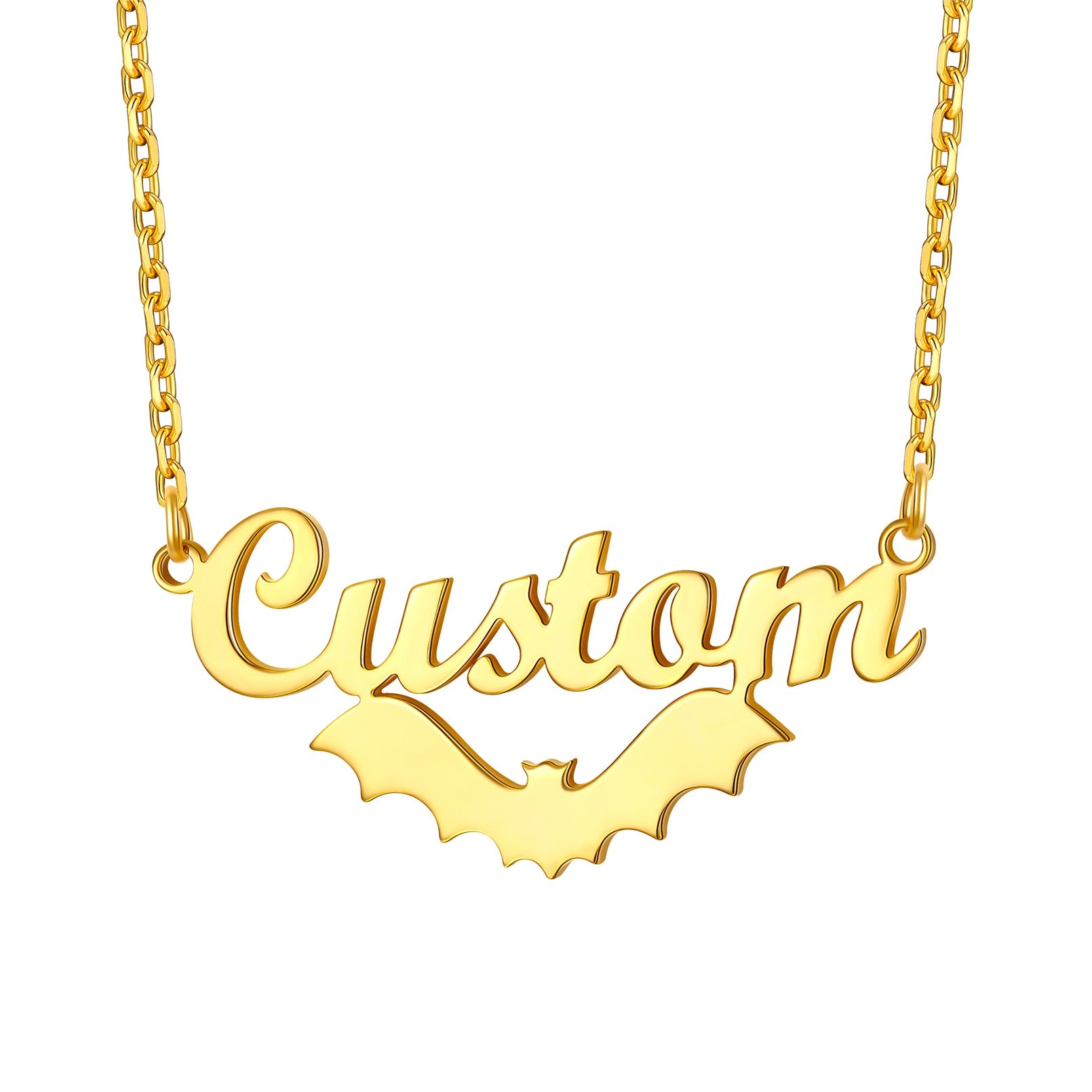 Gold 'Custom' name necklace on a white background