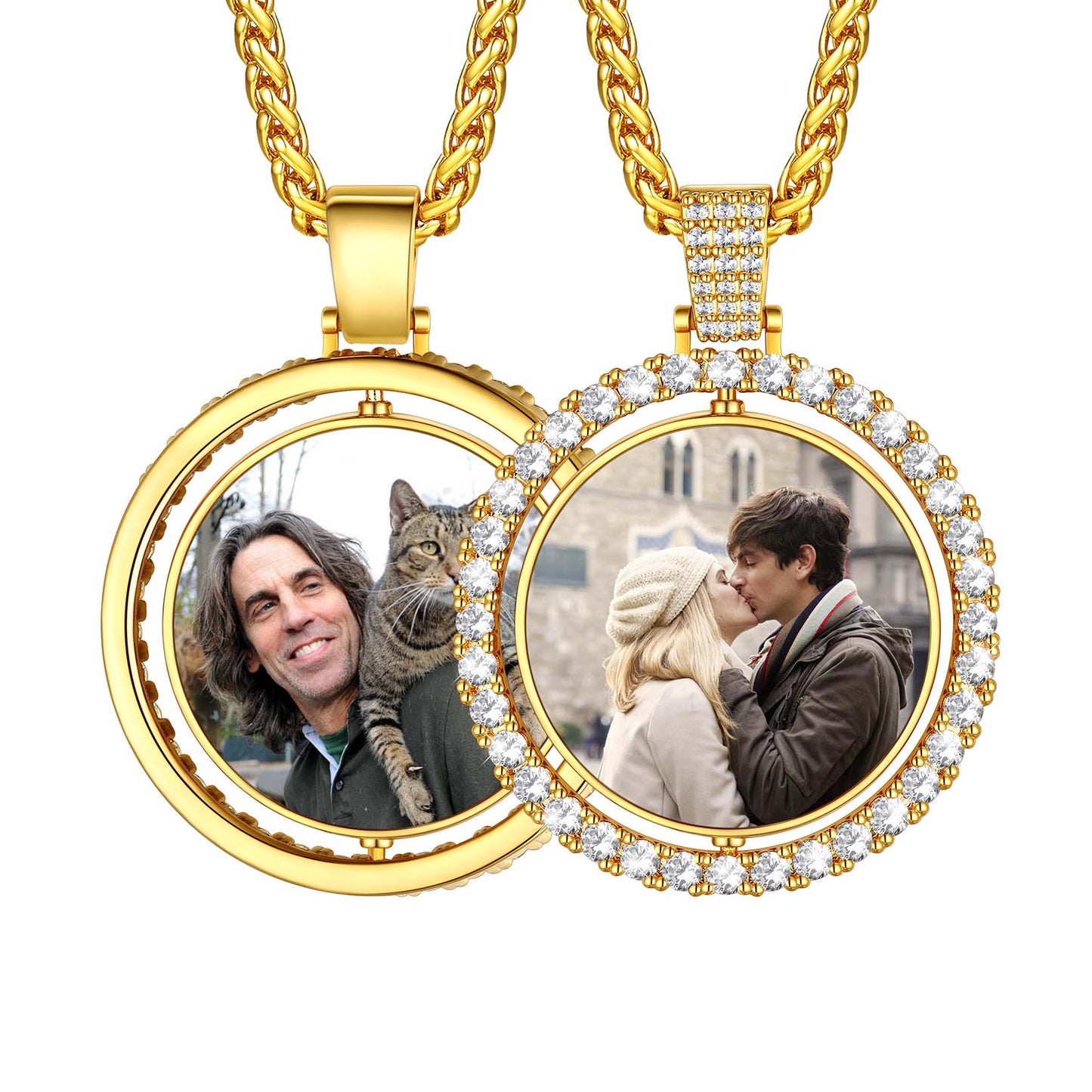 Gold Double Sided CZ Picture necklaces with round pendants on a white Background