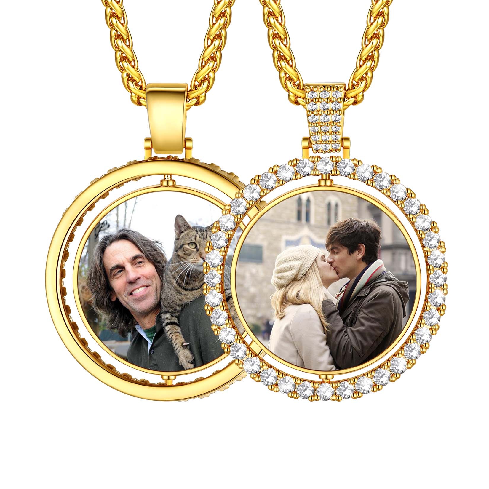 Gold Double Sided CZ Picture necklaces with round pendants on a white Background