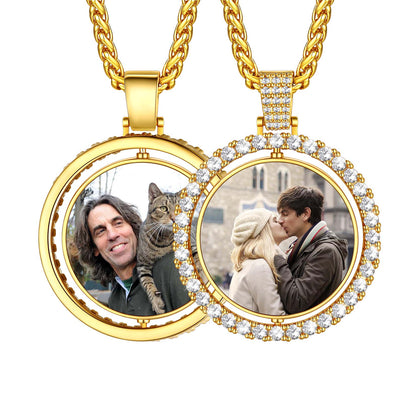 Gold Double Sided CZ Picture necklaces with round pendants on a white Background