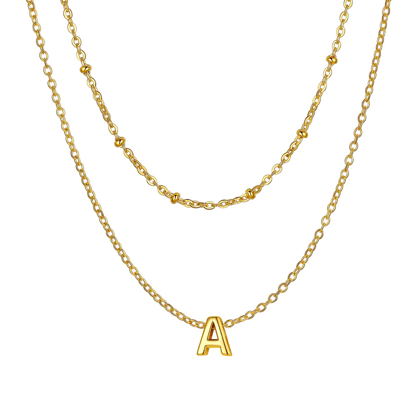 Gold Layered initial A necklace on a white background