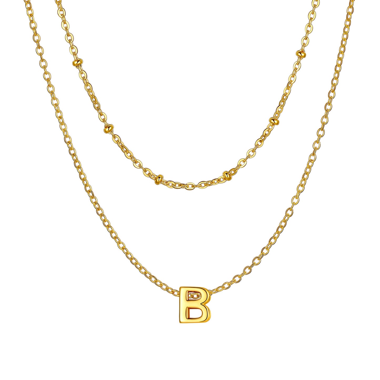 Gold Layered initial B necklace on a white background