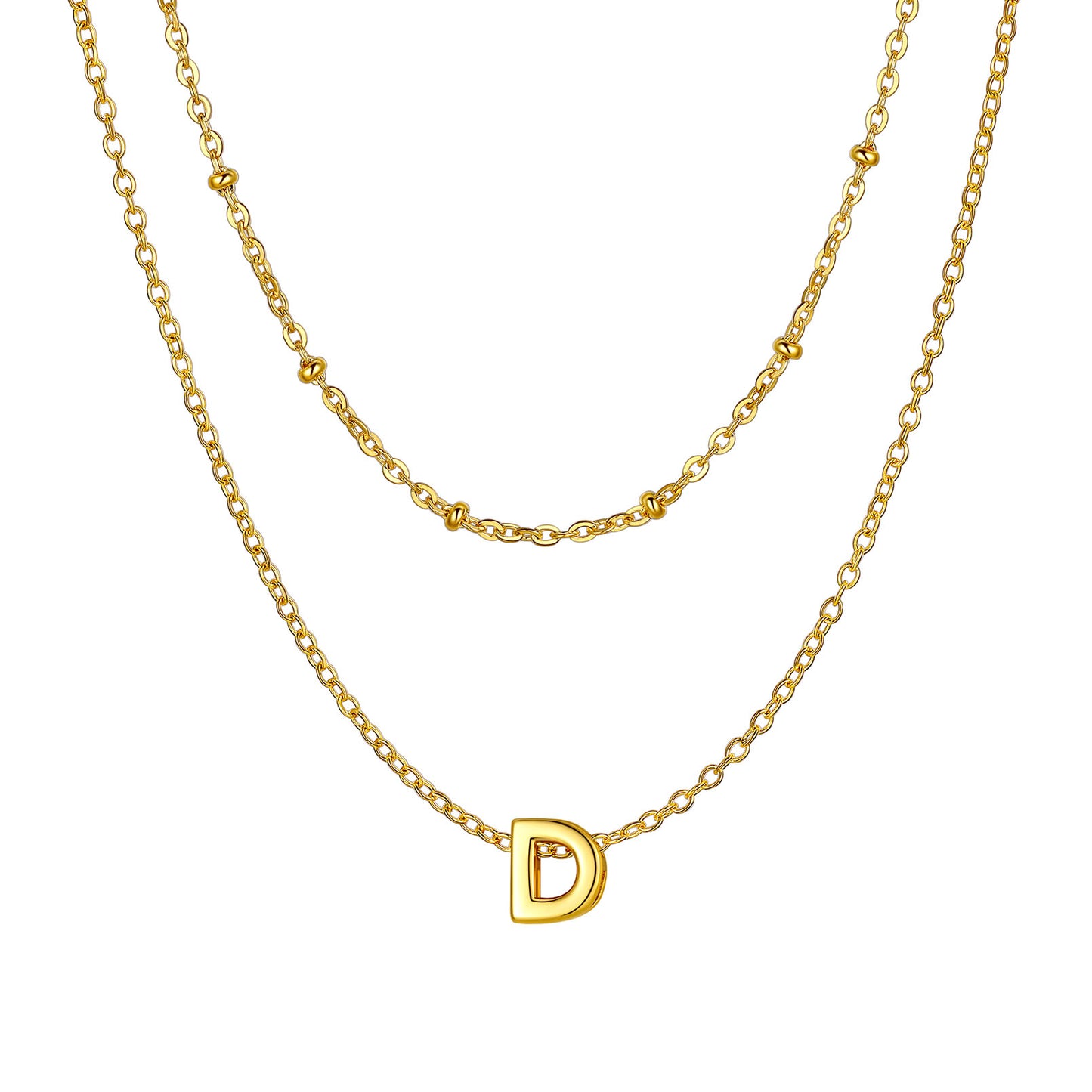 Gold Layered initial D necklace on a white background
