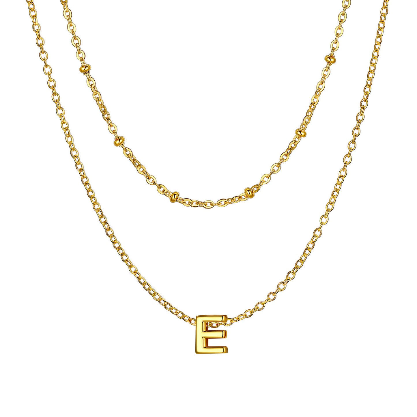 Gold Layered initial E necklace on a white background