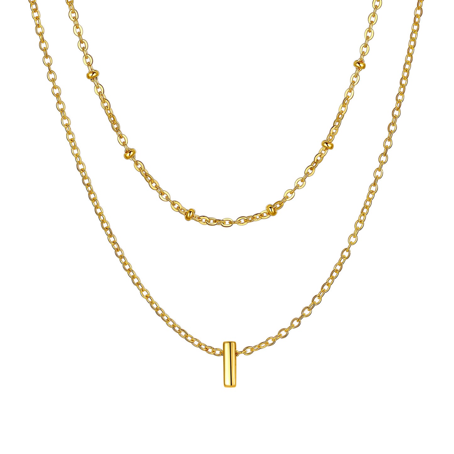 Gold Layered initial I necklace on a white background