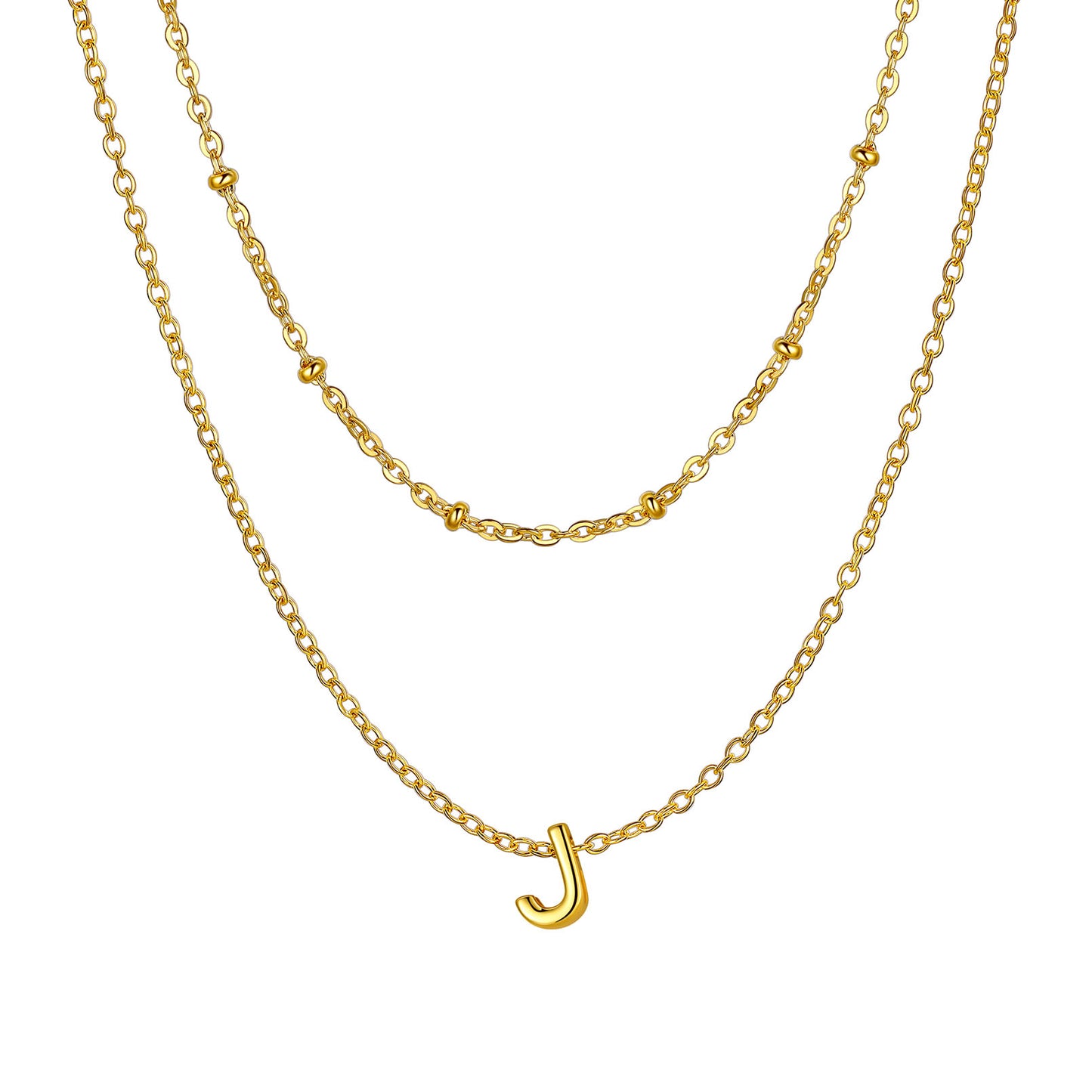 Gold Layered initial J necklace on a white background