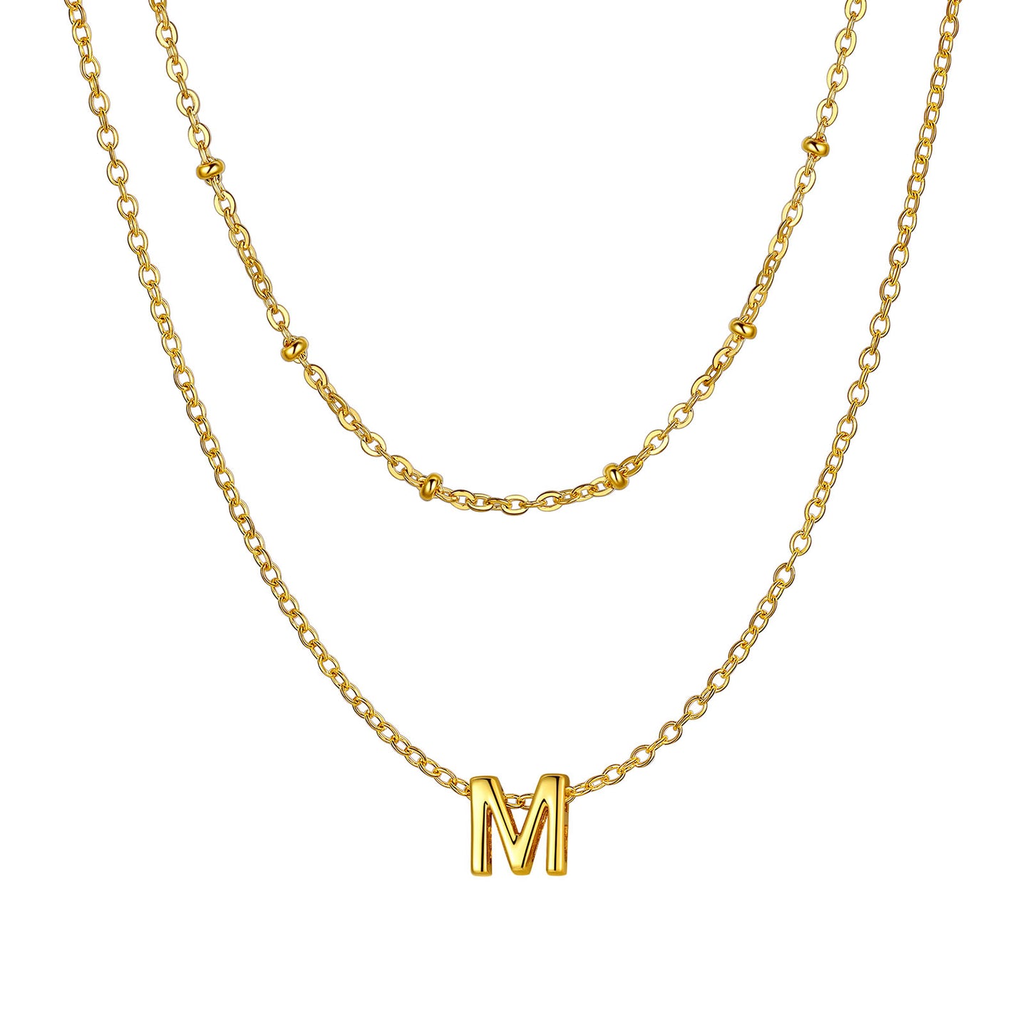 Gold Layered initial M necklace on a white background