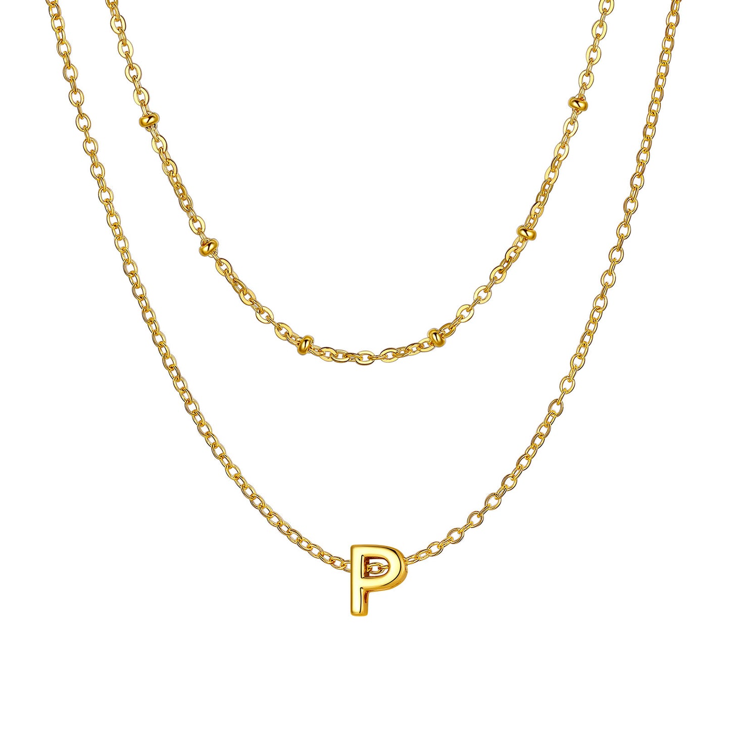 Gold Layered initial P necklace on a white background