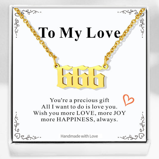Gold Number necklace with 'LOVE' on a card that reads 'To My Love' 