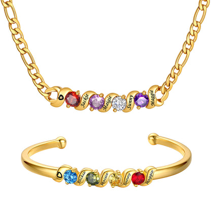 Gold Personalized Family 4 Birthstone Necklace and Bracelet Set on a white background