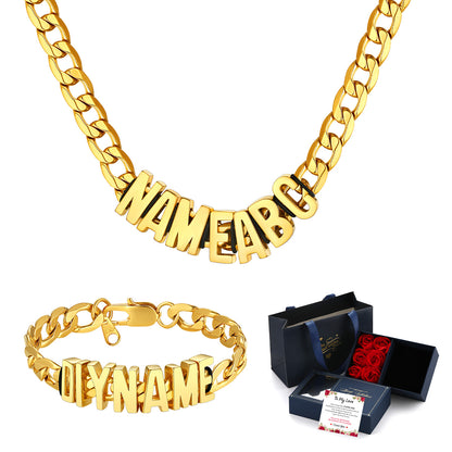 Gold Personalized Initial Name Cuban Link Necklace and Bracelet Set on a white background