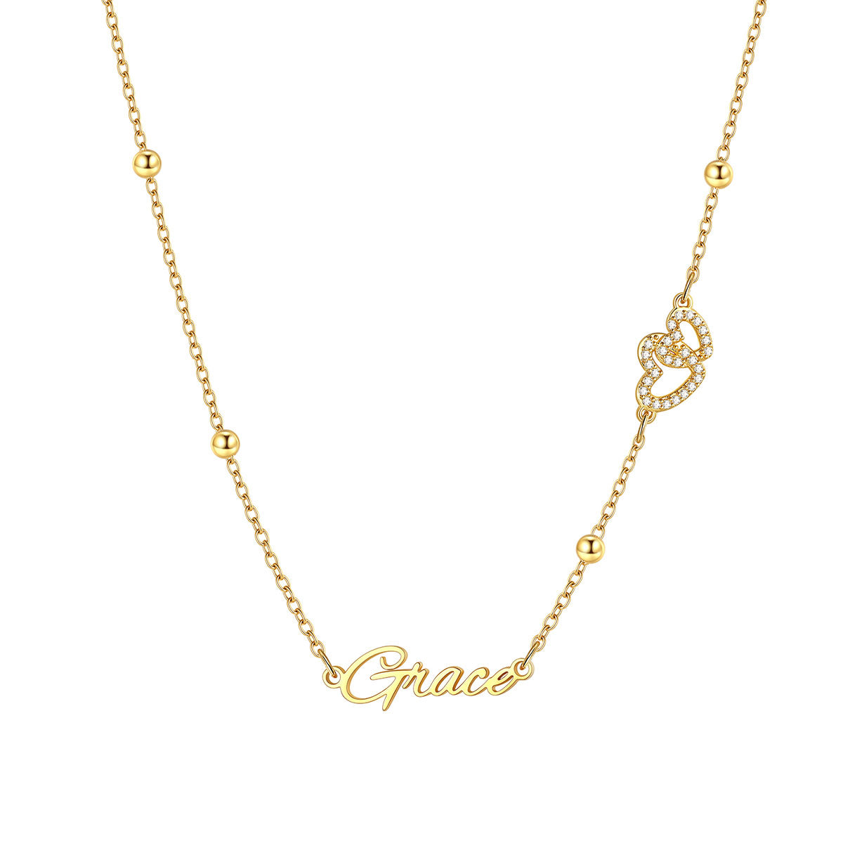 Gold Personalized engraved nameplate necklace with heart detail on a white background