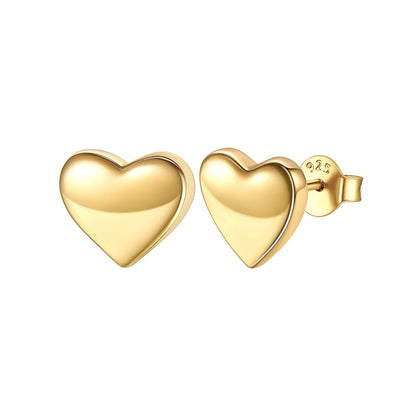 Gold Plated 925 Sterling Silver 10mm Heart Stud Earrings for Women on white background