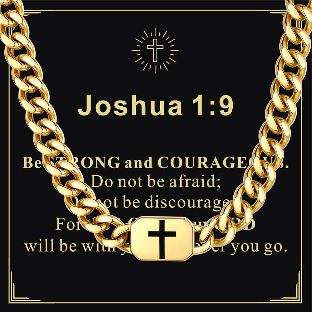 Gold Plated 9MM Custom Cross Cuban Link Chain Necklace with greeting card Joshua 1:9