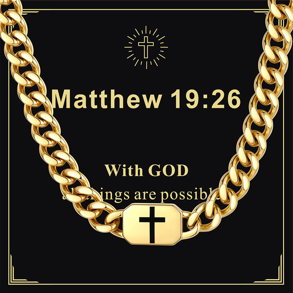 Gold Plated 9MM Custom Cross Cuban Link Chain Necklace with greeting card Matthew 19:26