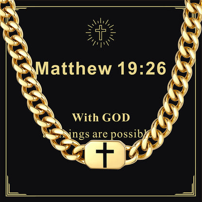 Gold Plated 9MM Custom Cross Cuban Link Chain Necklace with greeting card Matthew 19:26
