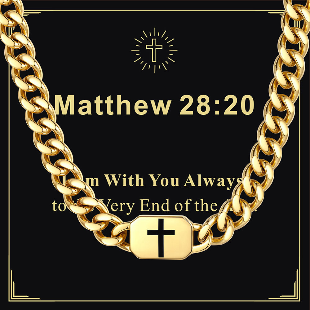 Gold Plated 9MM Custom Cross Cuban Link Chain Necklace with greeting card Matthew 28:20