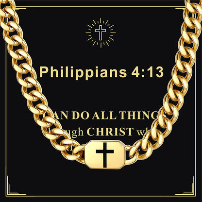 Gold Plated 9MM Custom Cross Cuban Link Chain Necklace with greeting card Philippians 4:13