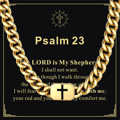 Gold Plated 9MM Custom Cross Cuban Link Chain Necklace with greeting card Psalm 23