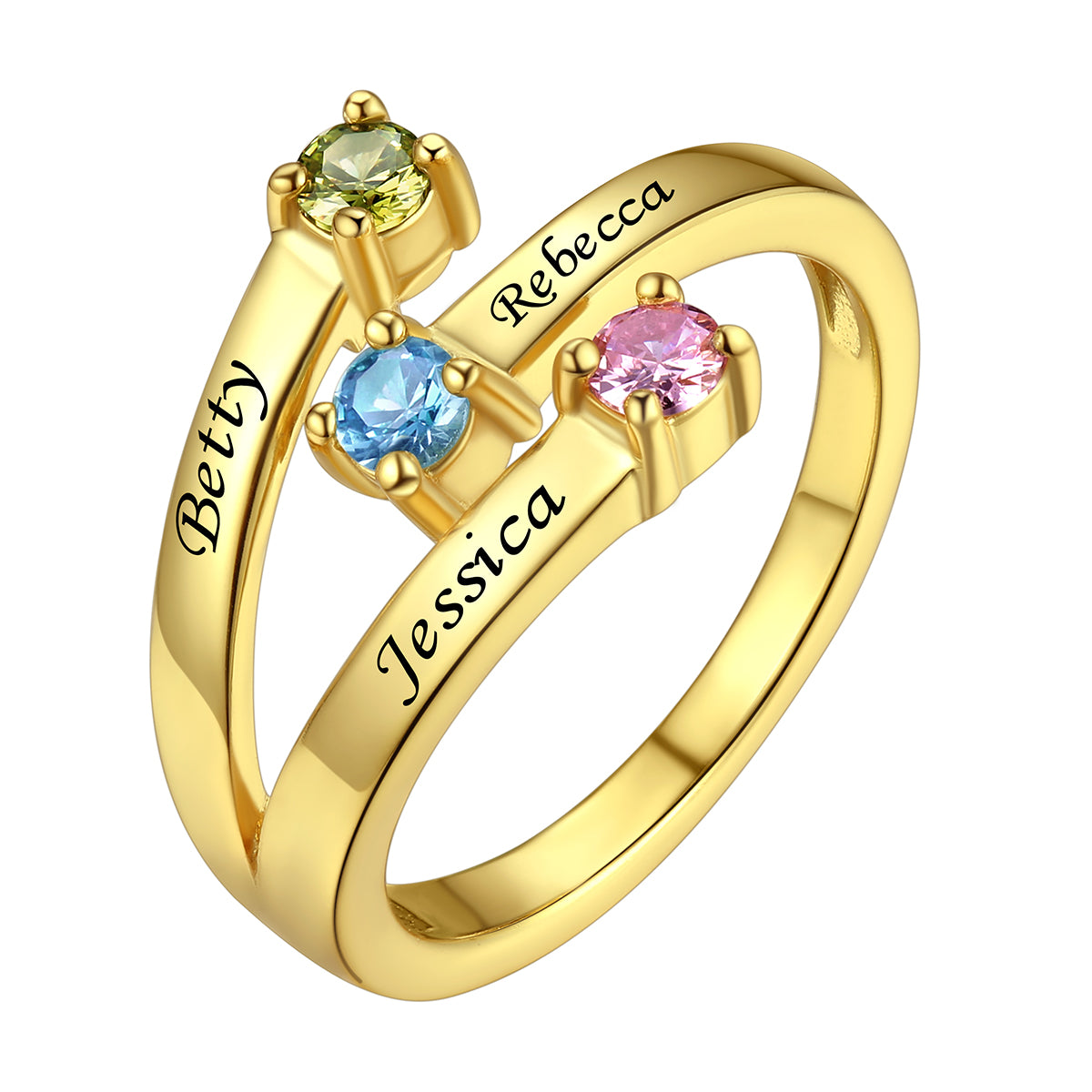 Gold Plated Adjustable Sterling Silver Personalized 3 Birthstone Ring