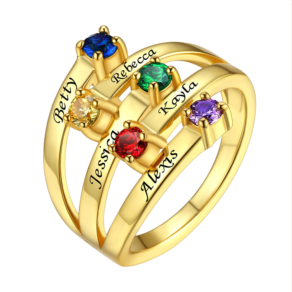 Gold Plated Adjustable Sterling Silver Personalized 5 Birthstone Ring