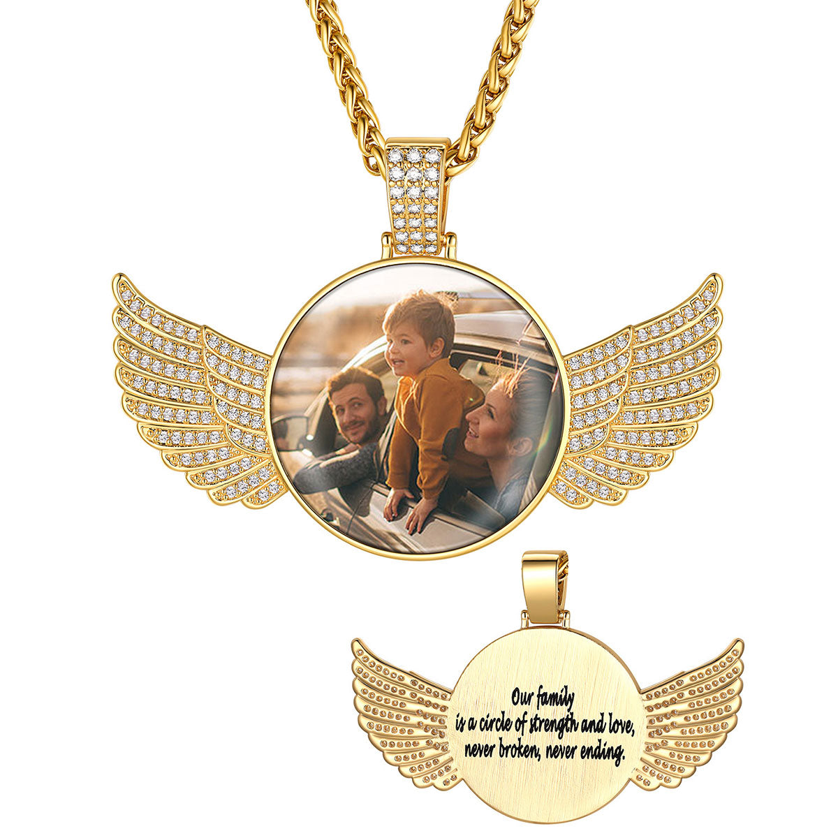 Gold Plated Angel Wings Picture Necklace with cz 47MM