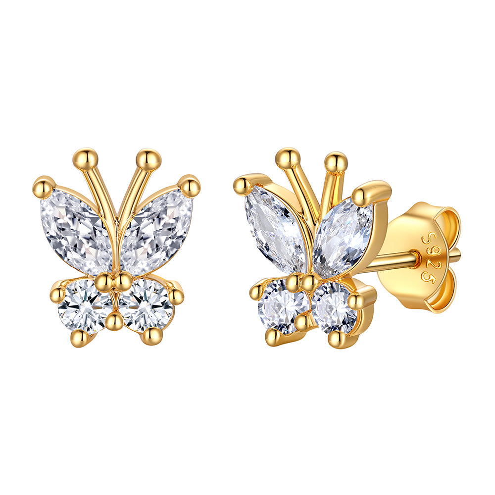 Gold Plated April Birthstone Butterfly Stud Earrings on white background