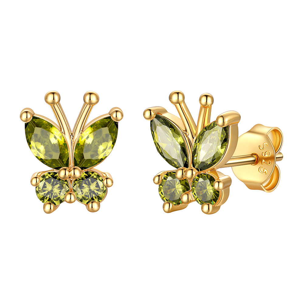 Gold Plated August Birthstone Butterfly Stud Earrings on white background