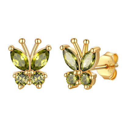 Gold Plated August Birthstone Butterfly Stud Earrings on white background