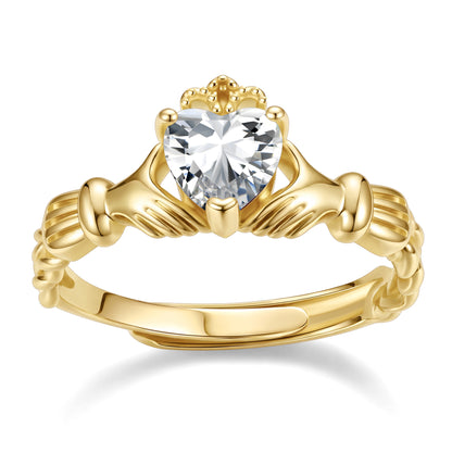 Gold Plated Claddagh Heart April Birthstone Ring on a white background