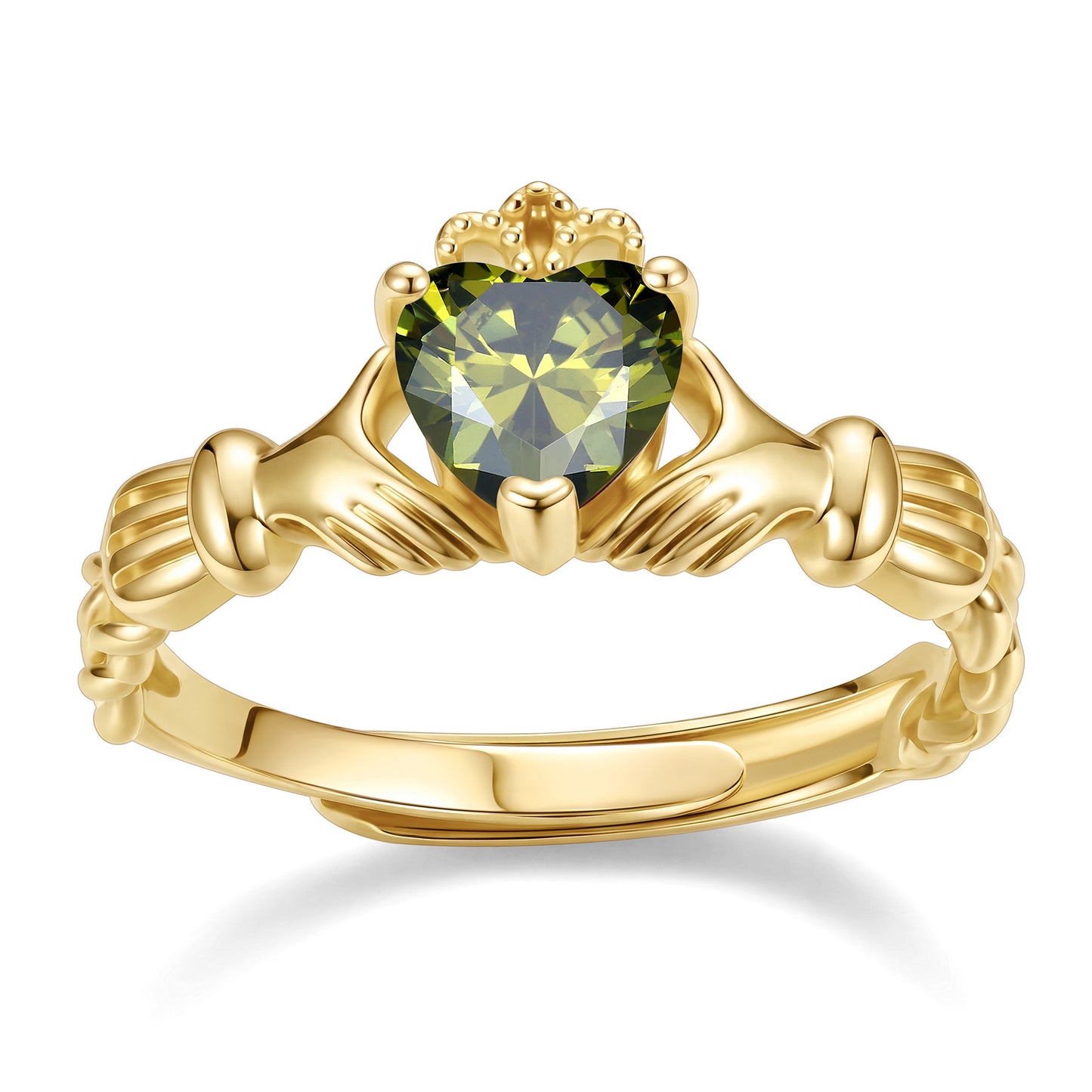 Gold Plated Claddagh Heart August Birthstone Ring on a white background