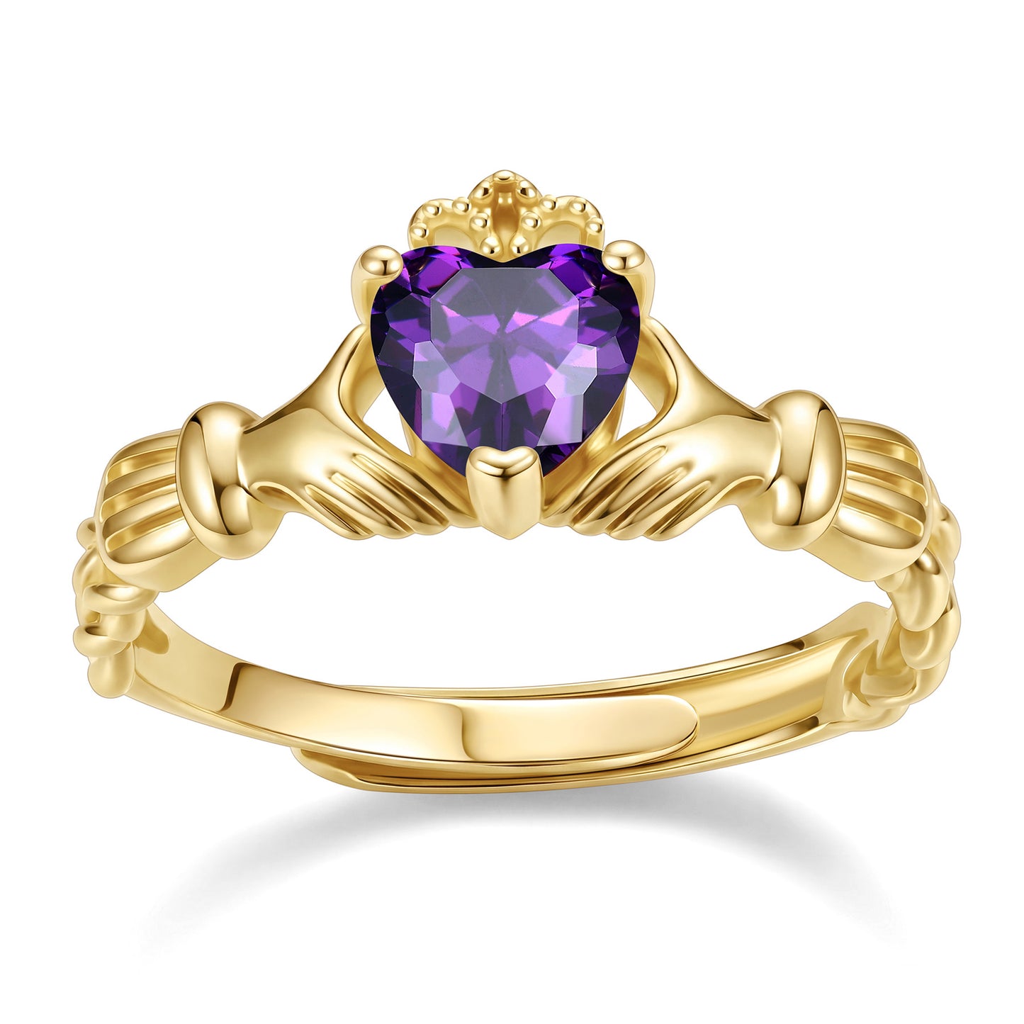 Gold Plated Claddagh Heart February Birthstone Ring on a white background