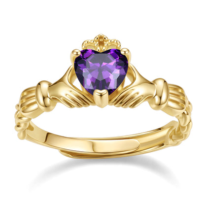 Gold Plated Claddagh Heart February Birthstone Ring on a white background