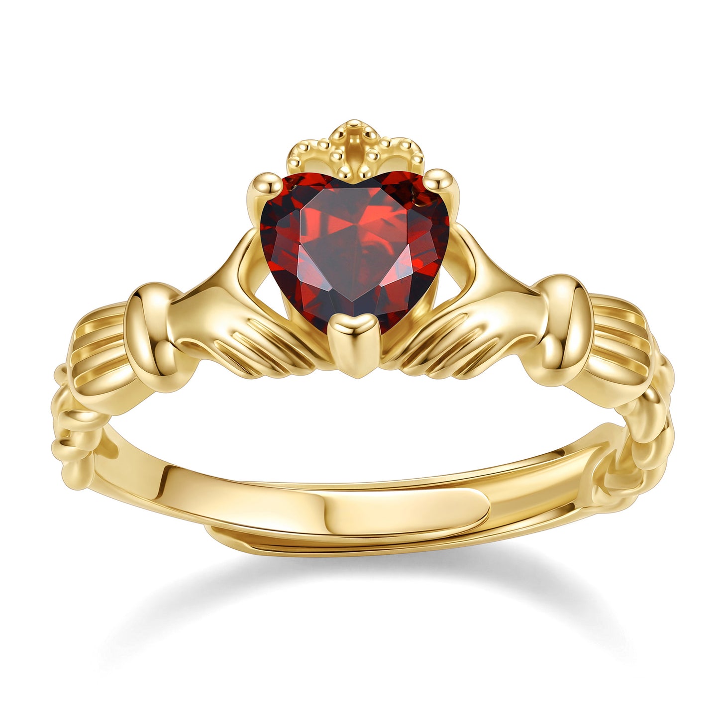 Gold Plated Claddagh Heart January Birthstone Ring on a white background