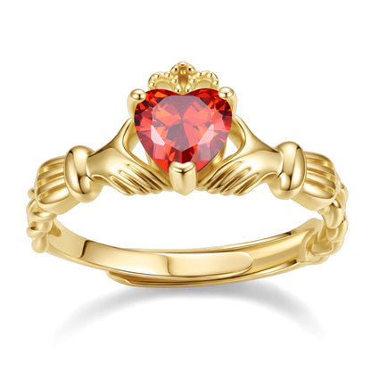 Gold Plated Claddagh Heart July Birthstone Ring on a white background