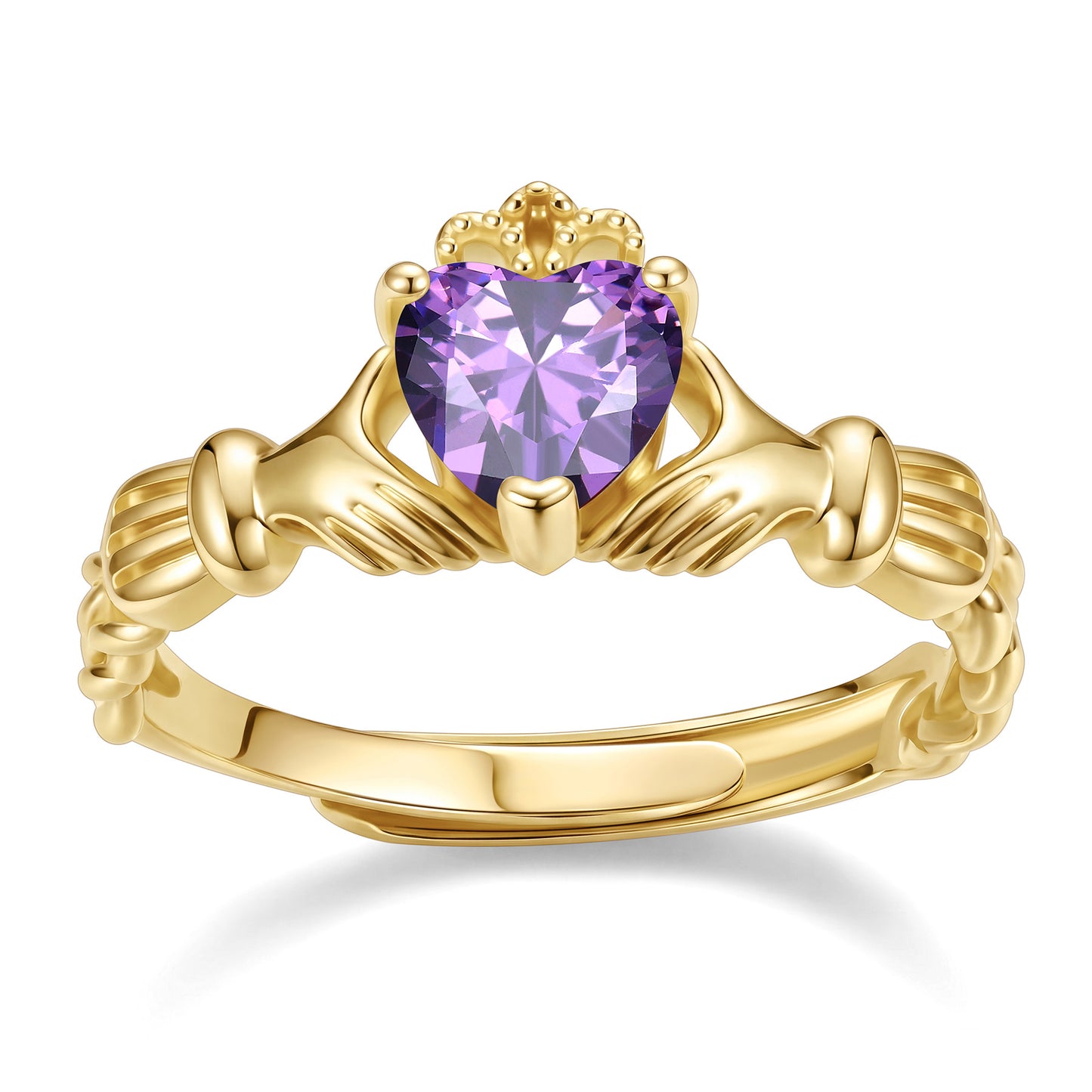 Gold Plated Claddagh Heart June Birthstone Ring on a white background
