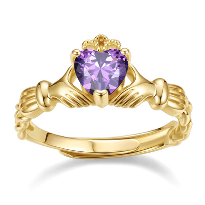 Gold Plated Claddagh Heart June Birthstone Ring on a white background