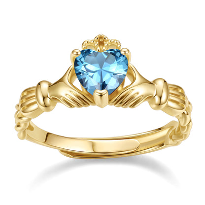 Gold Plated Claddagh Heart March Birthstone Ring on a white background