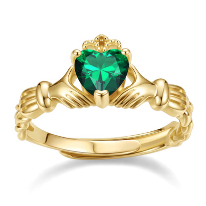 Gold Plated Claddagh Heart May Birthstone Ring on a white background
