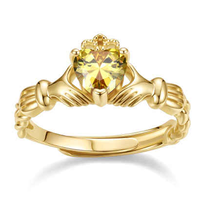 Gold Plated Claddagh Heart November Birthstone Ring on a white background