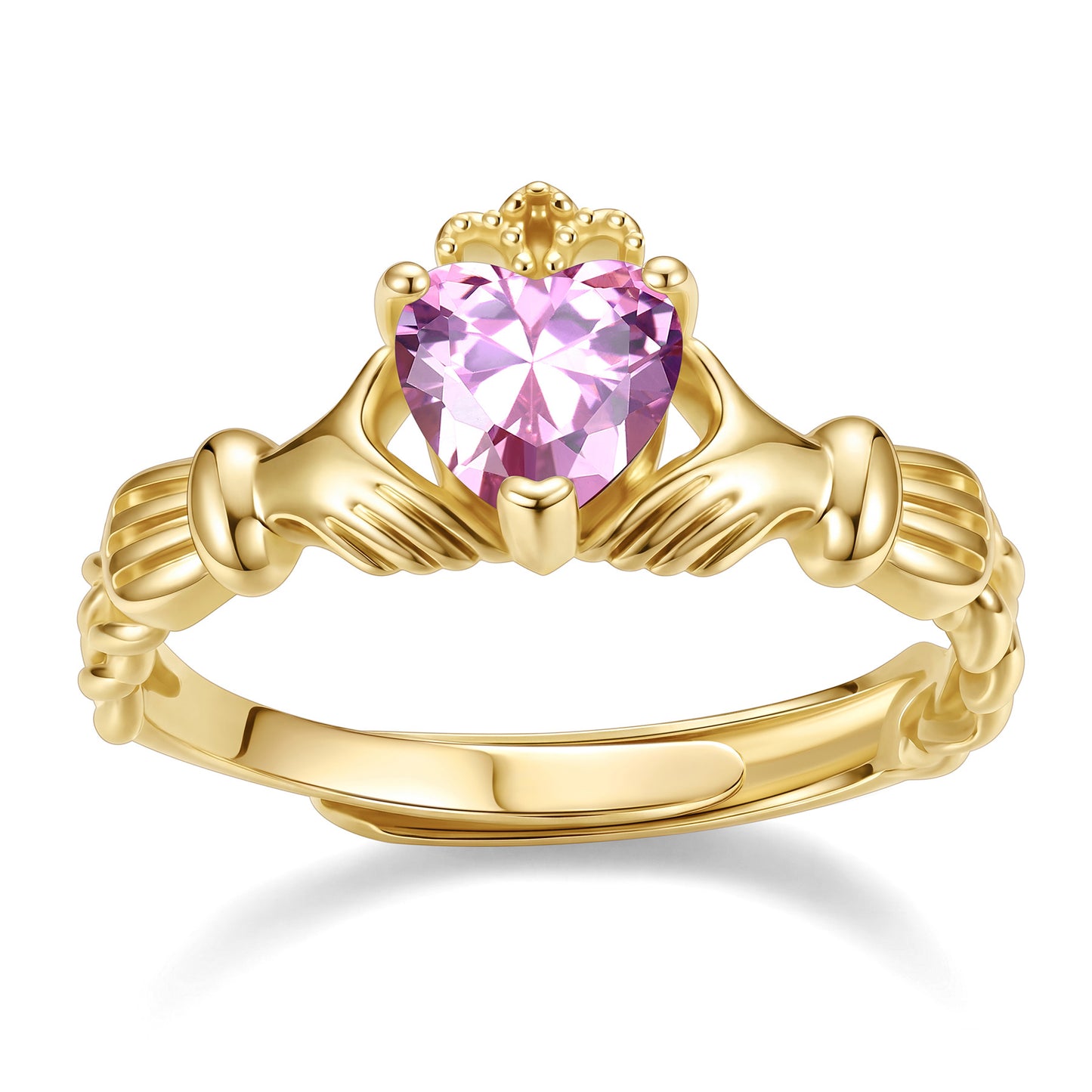 Gold Plated Claddagh Heart October Birthstone Ring on a white background
