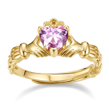 Gold Plated Claddagh Heart October Birthstone Ring on a white background