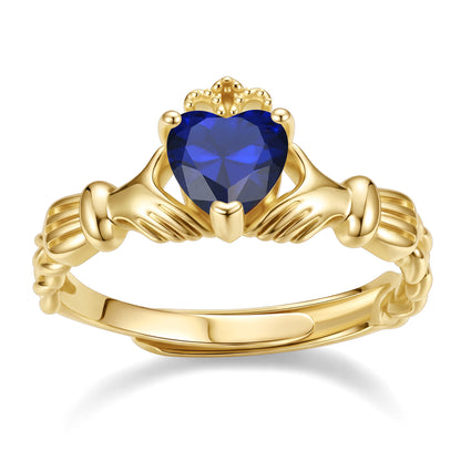 Gold Plated Claddagh Heart September Birthstone Ring on a white background