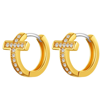 Gold Plated Cubic Zirconia Cross Huggie Hoop Earrings