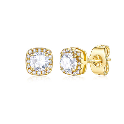 Gold Plated Cubic Zirconia Halo Stud Earrings for Men Women 0.5 ct on a white background