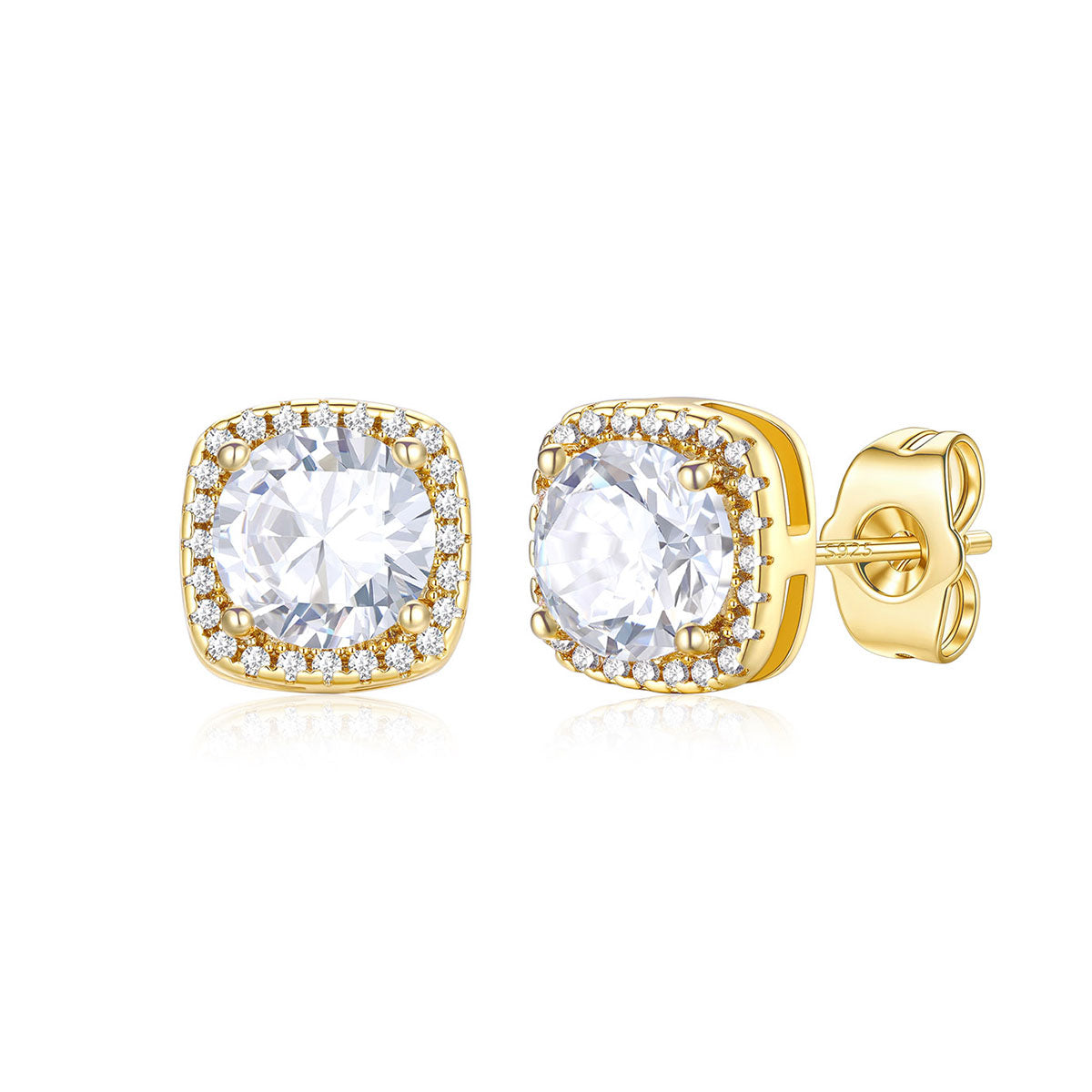 Gold Plated Cubic Zirconia Halo Stud Earrings for Men Women 1.5 ct on a white background