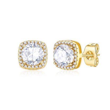 Gold Plated Cubic Zirconia Halo Stud Earrings for Men Women 1.5 ct on a white background