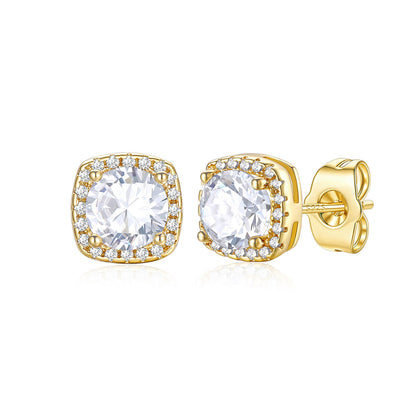 Gold Plated Cubic Zirconia Halo Stud Earrings for Men Women 1 ct on a white background