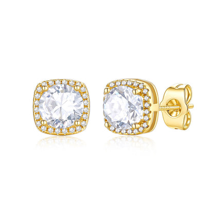 Gold Plated Cubic Zirconia Halo Stud Earrings for Men Women 2 ct on a white background